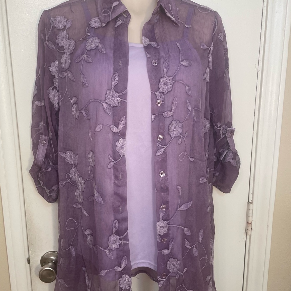 Women's Lavender Sheer Embroidered Button-Up Top With Cami